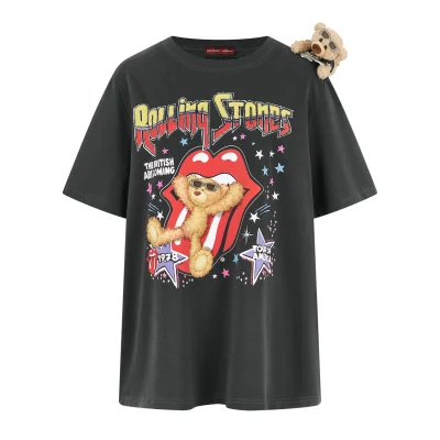 13DE MARZO Rolling Stones Cropped Distressed Tee Dark Grey