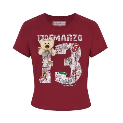 13DE MARZO Rolling Stones Cropped Distressed Tee Red