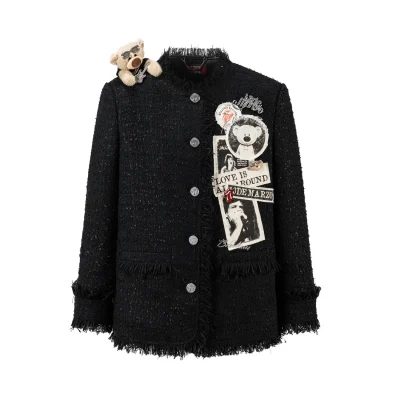 13DE MARZO Rolling Stones Badge Tweed Jacket Black