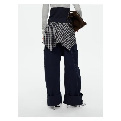 REVAN Wide-Leg Cargo Trousers with Checked Waist Overlay