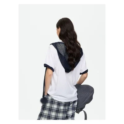 REVAN Hello Kitty White T-Shirt with Navy Pom-Pom Shawl