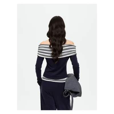 REVAN Off-Shoulder Cropped Top with Striped Shawl