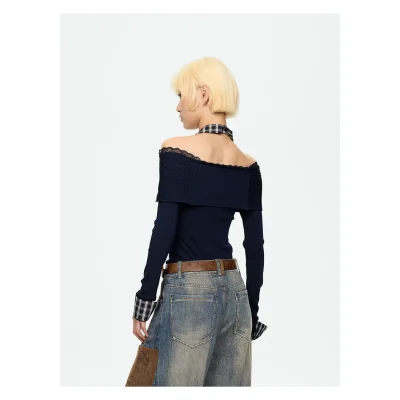 REVAN Off-Shoulder Knit Top with Detachable Checked Collar