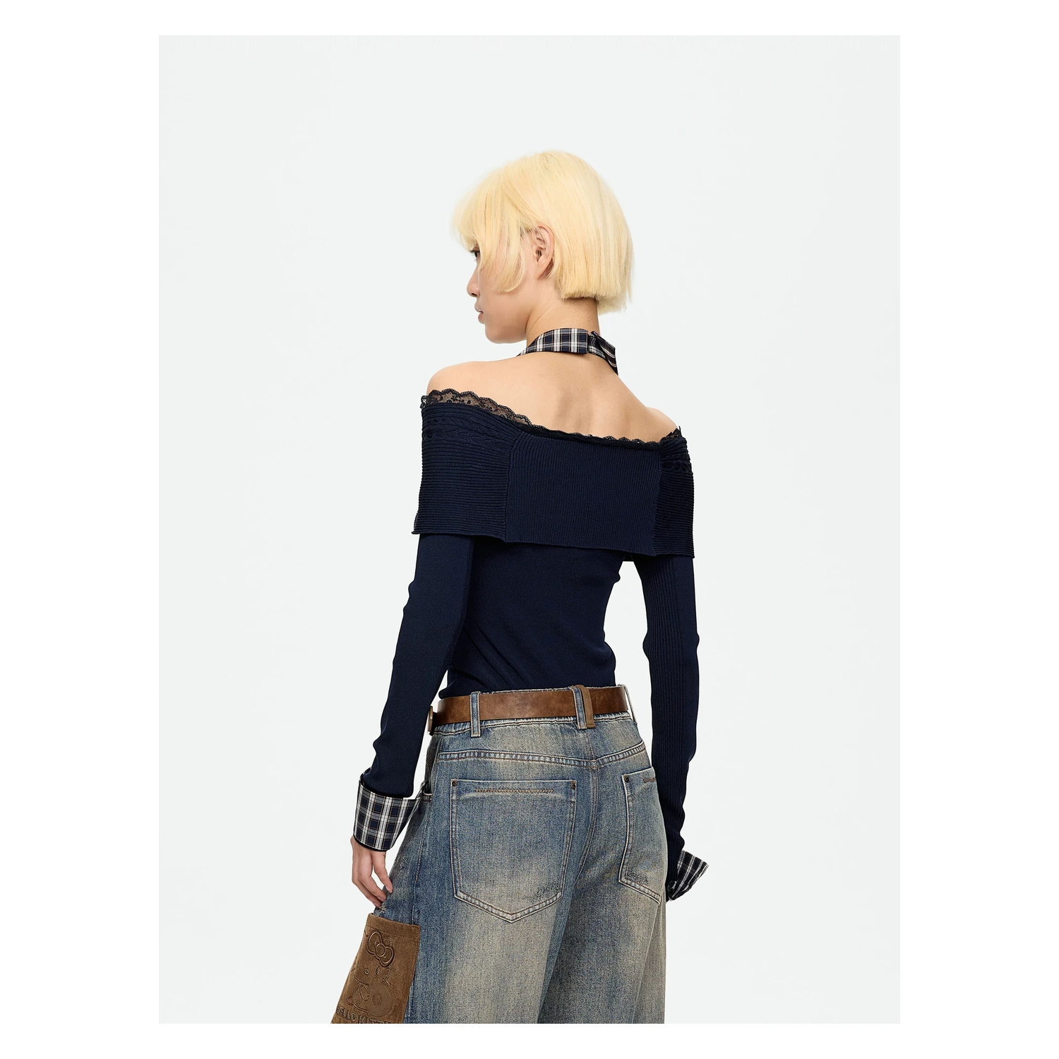 REVAN Off-Shoulder Knit Top with Detachable Checked Collar - Image 2