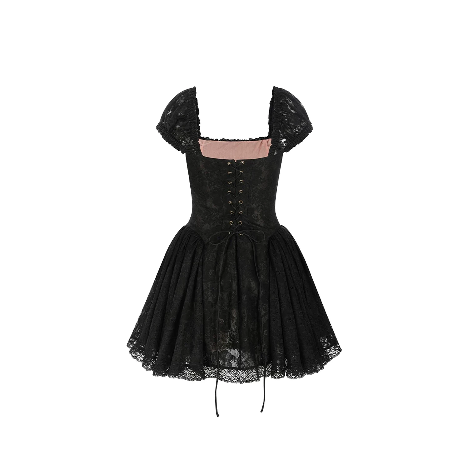 Maison Amory The Black Lace with Skin Mesh Doll-Style Mini Puff Dress Black - Image 2