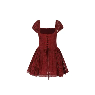 Maison Amory The Ancora Red Lace with Skin Mesh Doll-Style Mini Puff Dress