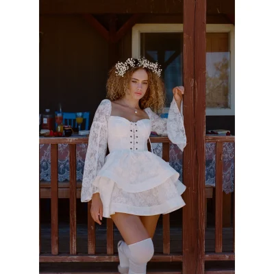 Maison Amory The White Satin and Lace Wavy Mini Dress White