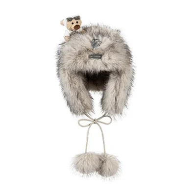 13DE MARZO Rolling Stones Plush Earflap Hat Beige