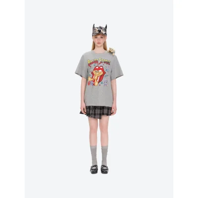 13DE MARZO Rolling Stones Cropped Distressed Tee Grey