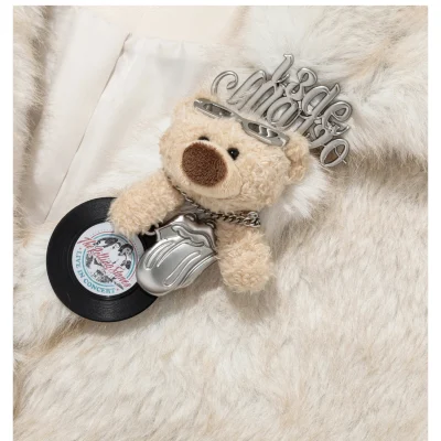 13DE MARZO Rolling Stones Cropped Faux Fur Jacket Beige