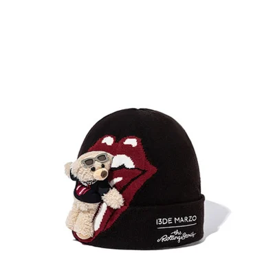 13DE MARZO Rolling Stones Tongue Bear Beanie Black Brown