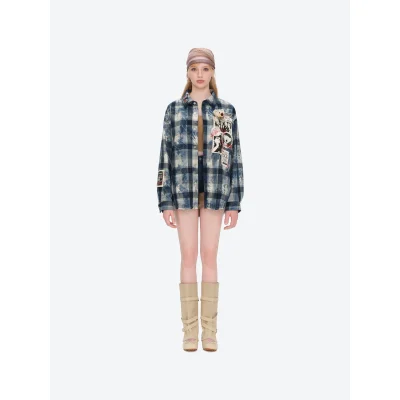 13DE MARZO Rolling Stones Distressed Appliqué Overshirt Blue