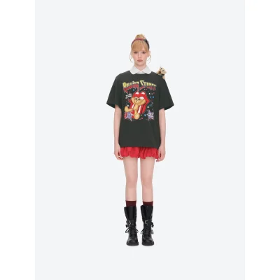 13DE MARZO Rolling Stones Cropped Distressed Tee Dark Grey
