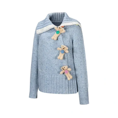13DE MARZO Button Bear Slant Collar Sweater Blue