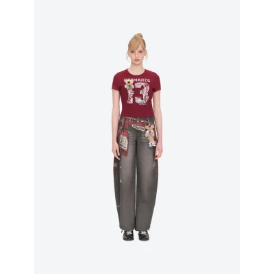 13DE MARZO Rolling Stones Cropped Distressed Tee Red