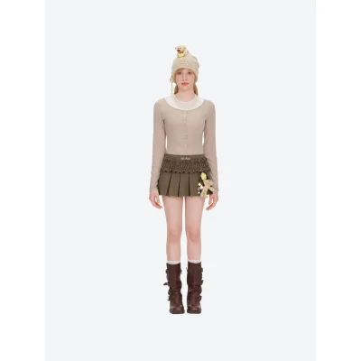 13DE MARZO Luminous Doozoo Lace Pleated Dress Brown