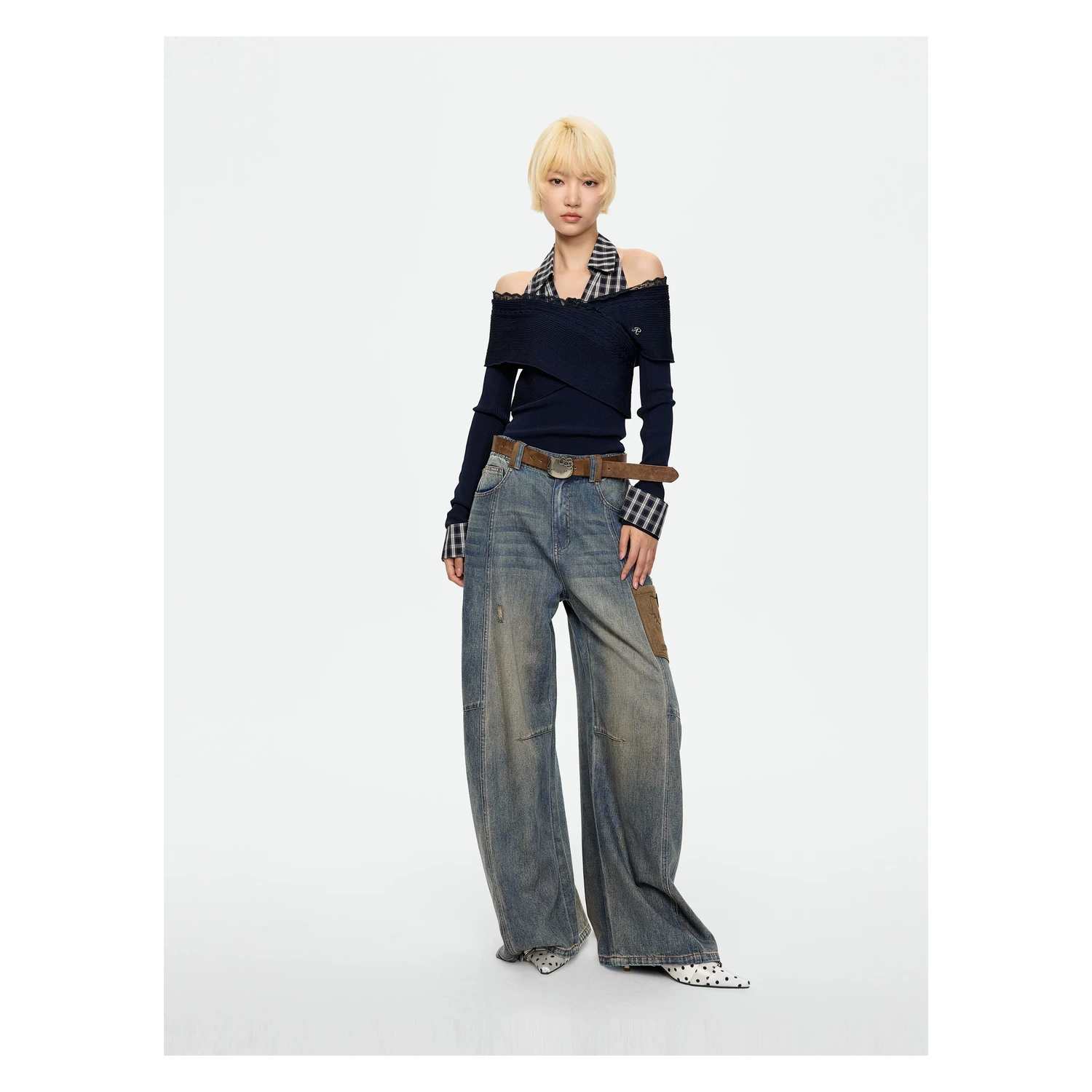 REVAN Off-Shoulder Knit Top with Detachable Checked Collar - Image 3