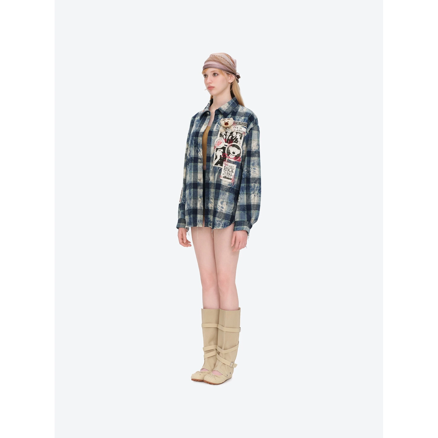 13DE MARZO Rolling Stones Distressed Appliqué Overshirt Blue - Image 3