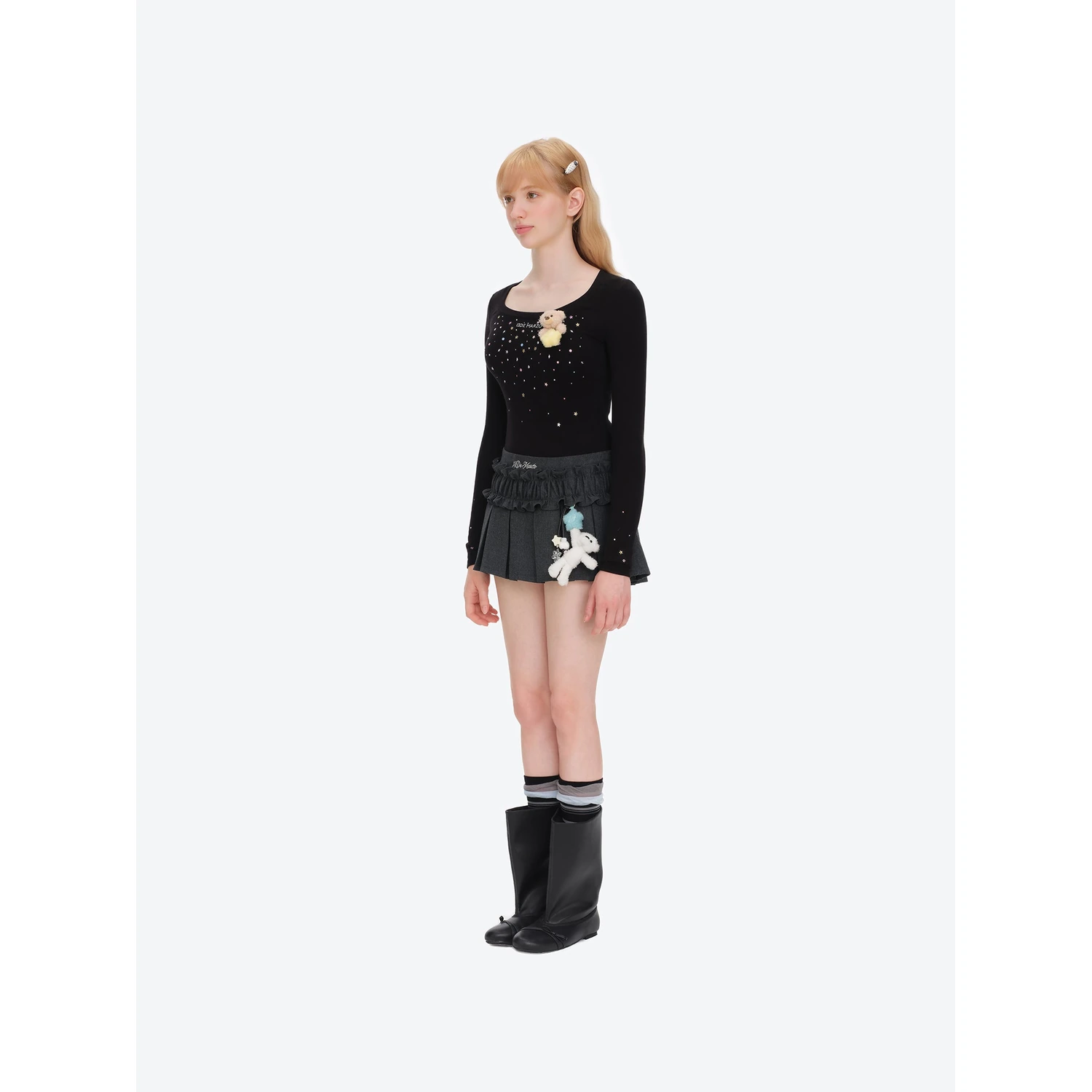 13DE MARZO Luminous Doozoo Lace Pleated Dress Dark Grey - Image 3