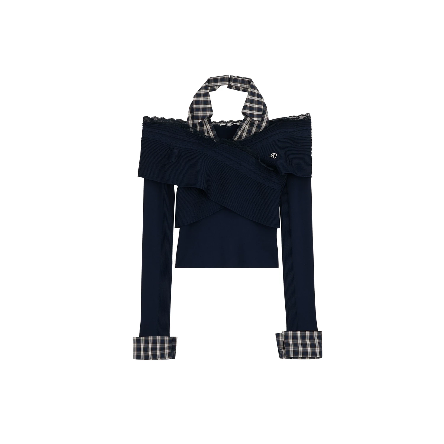 REVAN Off-Shoulder Knit Top with Detachable Checked Collar - Image 4