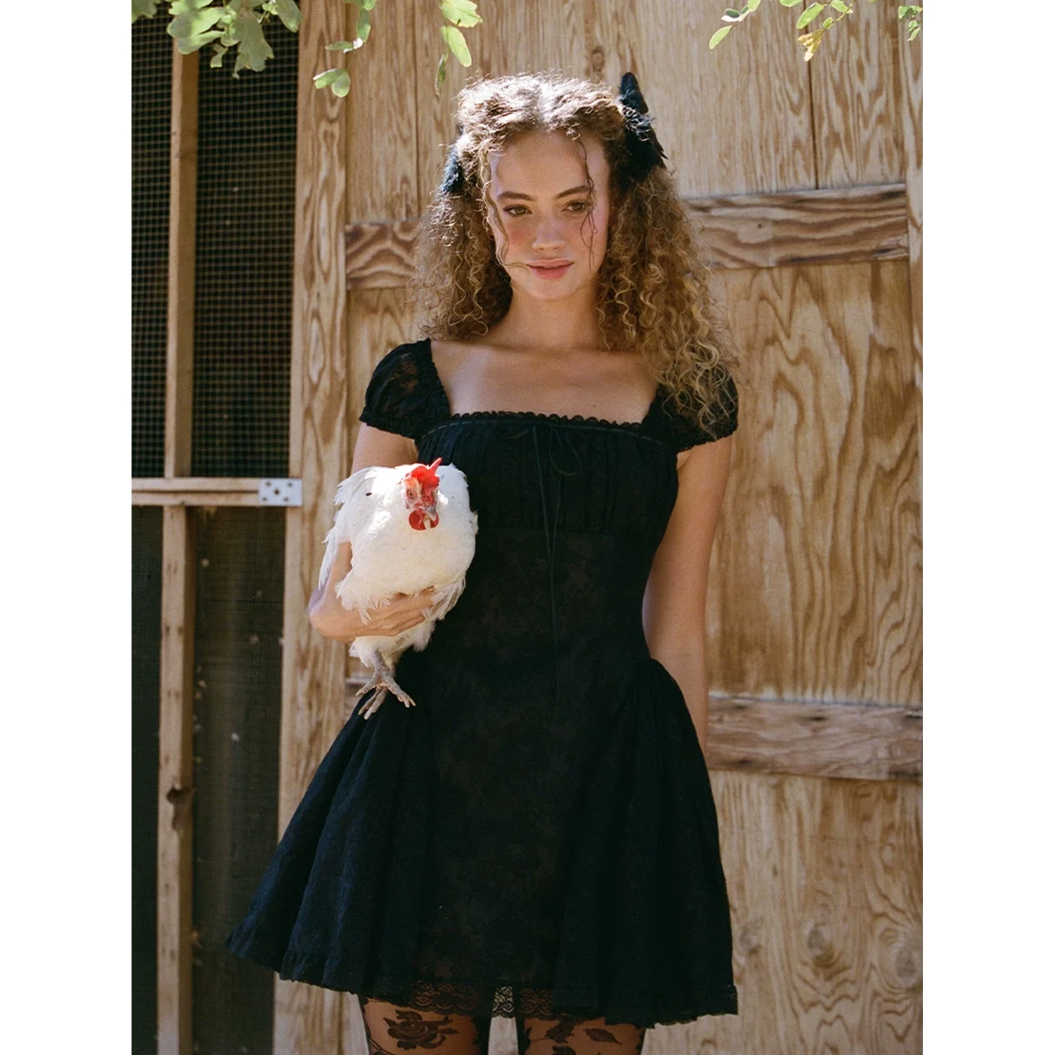 Maison Amory The Black Lace with Skin Mesh Doll-Style Mini Puff Dress Black - Image 5