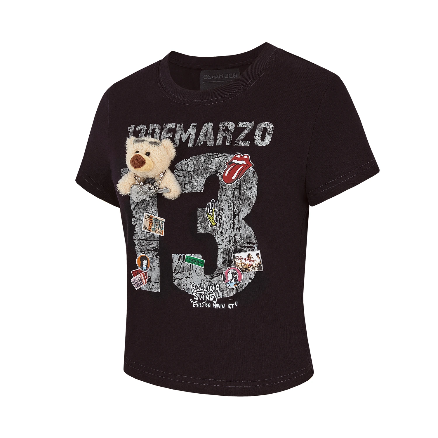 13DE MARZO Rolling Stones Cropped Distressed Tee Black - Image 5