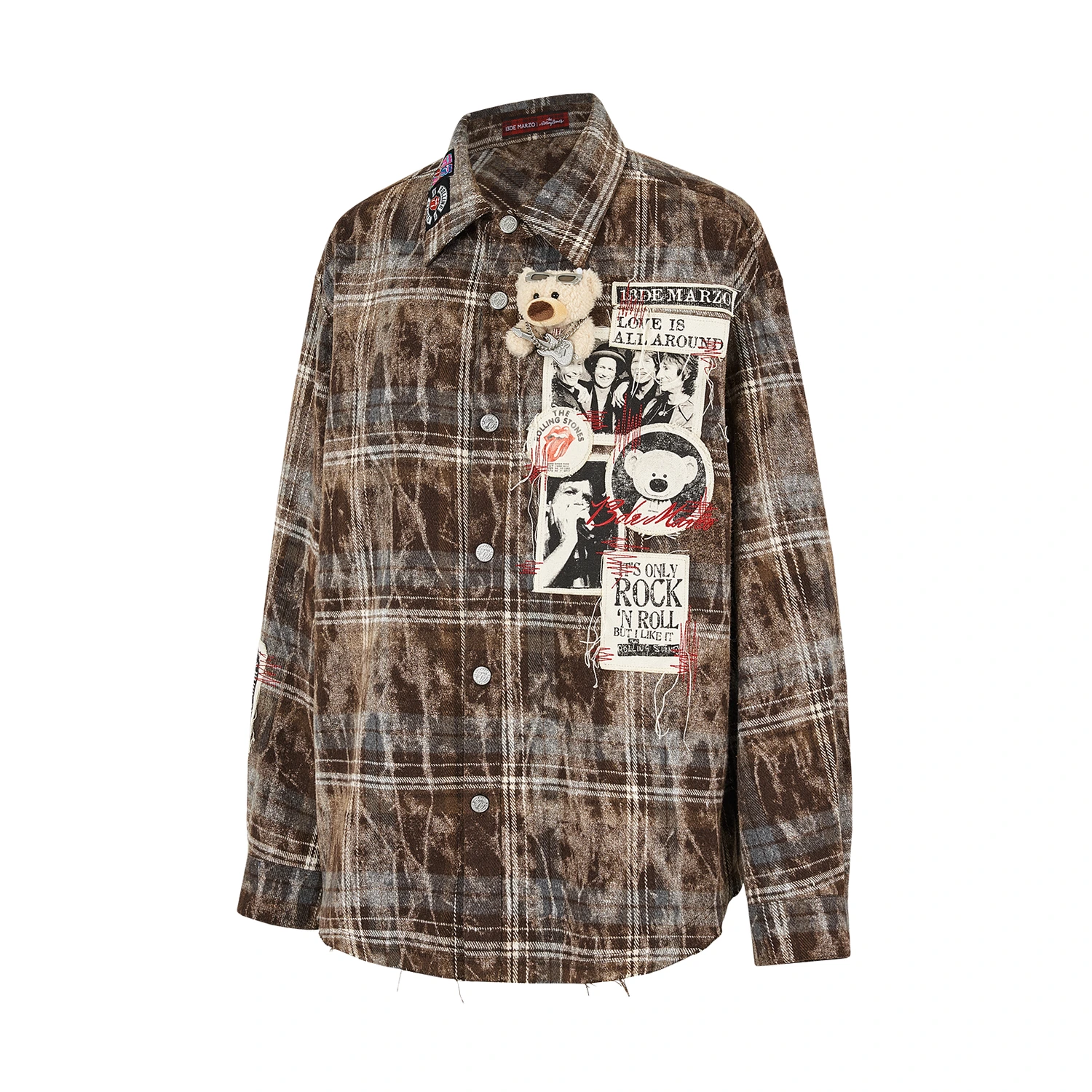 13DE MARZO Rolling Stones Distressed Appliqué Overshirt Brown - Image 5