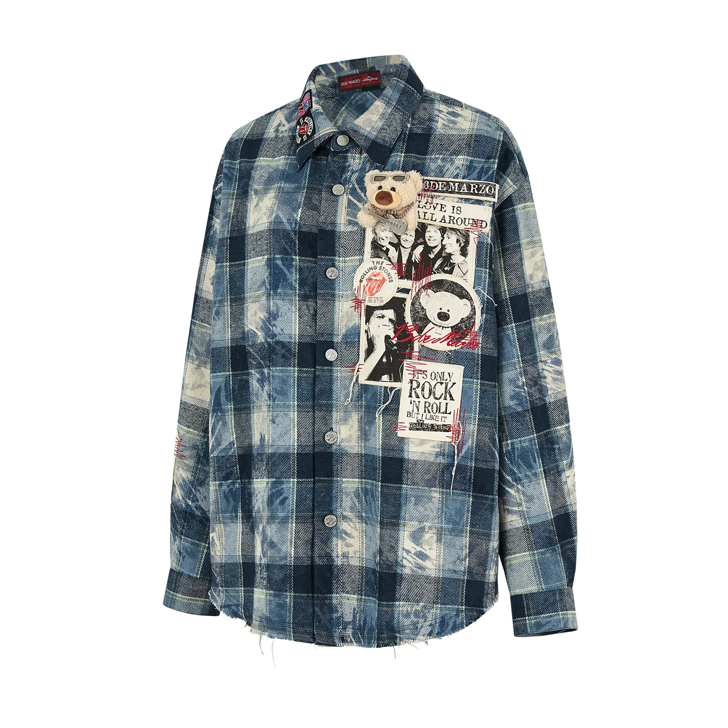 13DE MARZO Rolling Stones Distressed Appliqué Overshirt Blue - Image 5