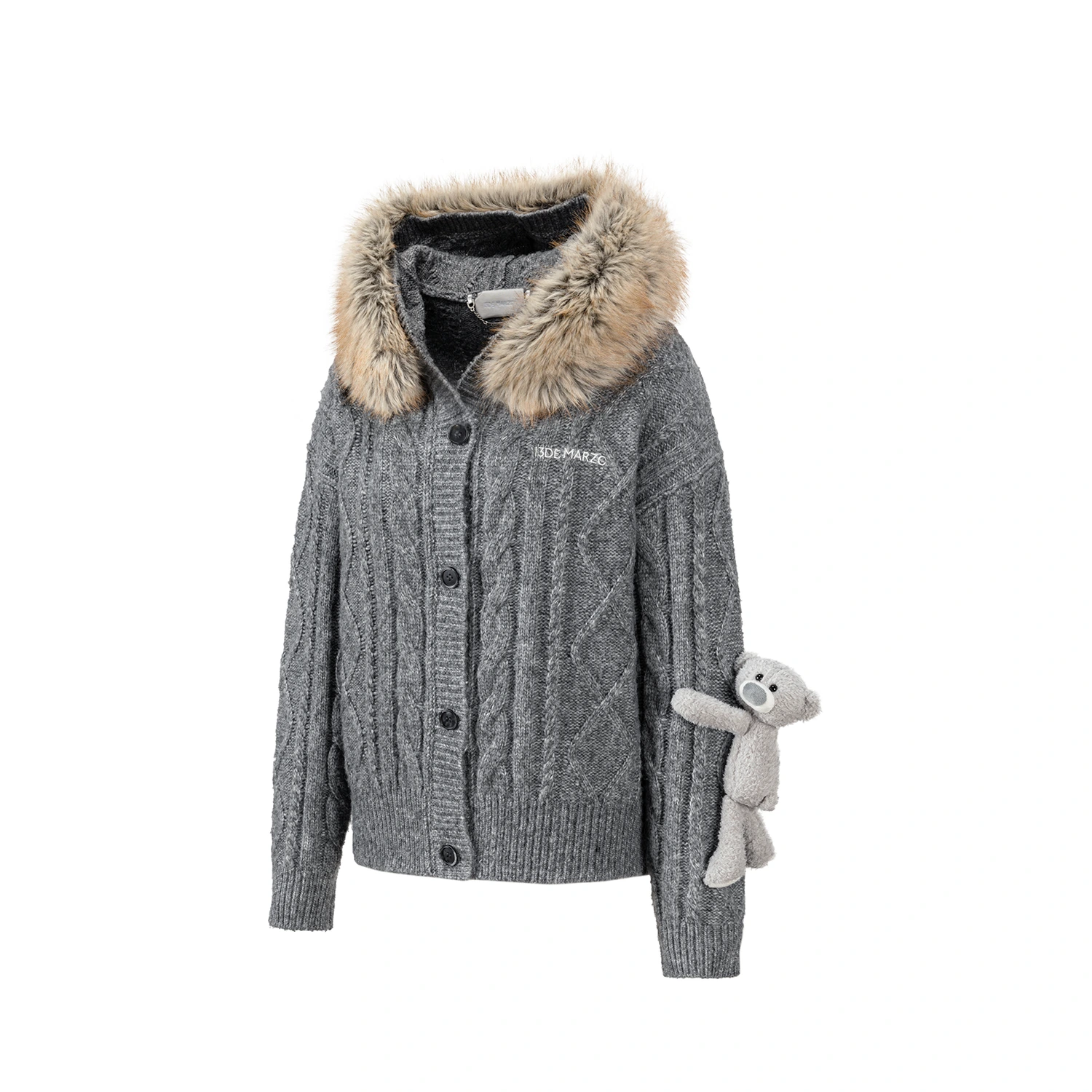 13DE MARZO Doozoo Hooded Cardigan Dark Grey - Image 5