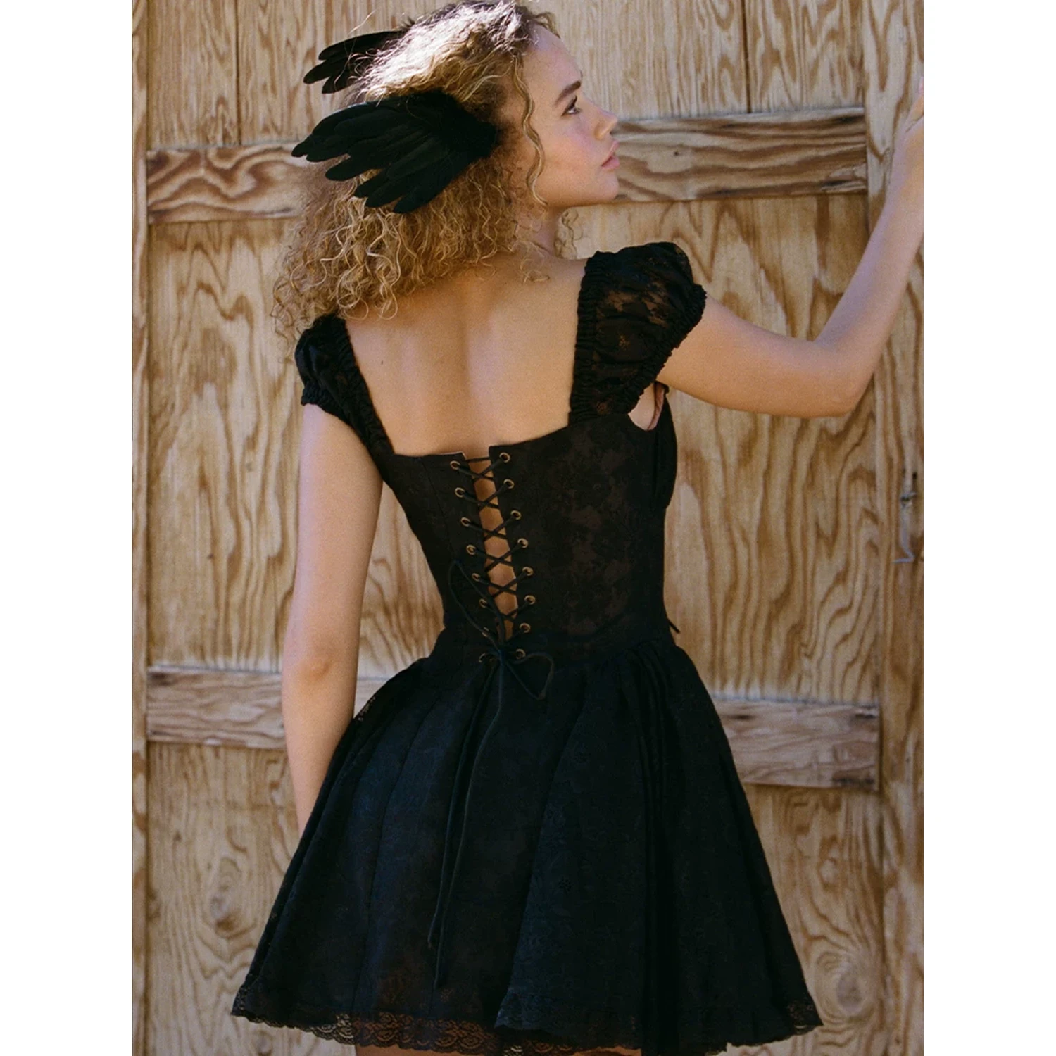 Maison Amory The Black Lace with Skin Mesh Doll-Style Mini Puff Dress Black - Image 6