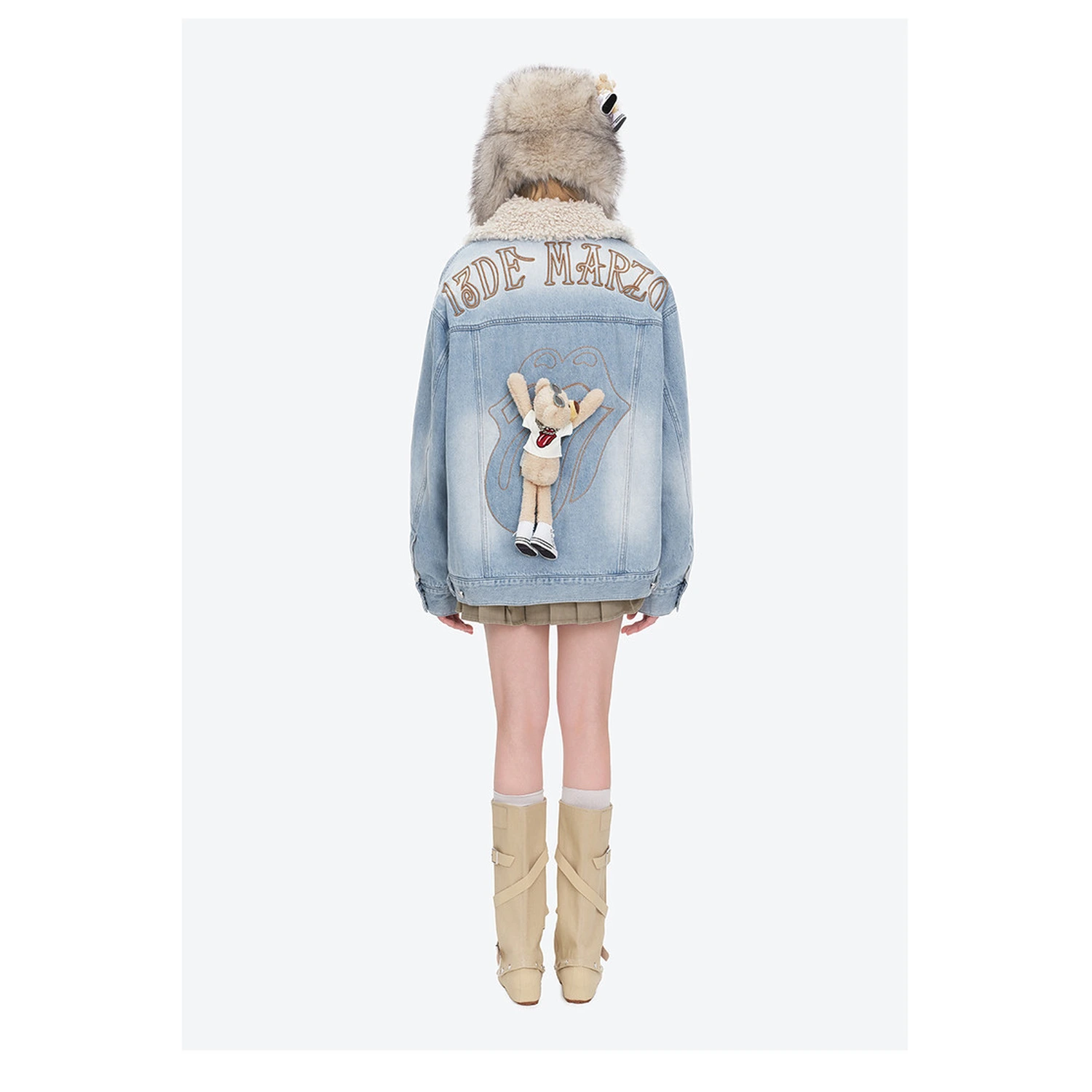 13DE MARZO Rolling Stones Plush Earflap Hat Beige - Image 6
