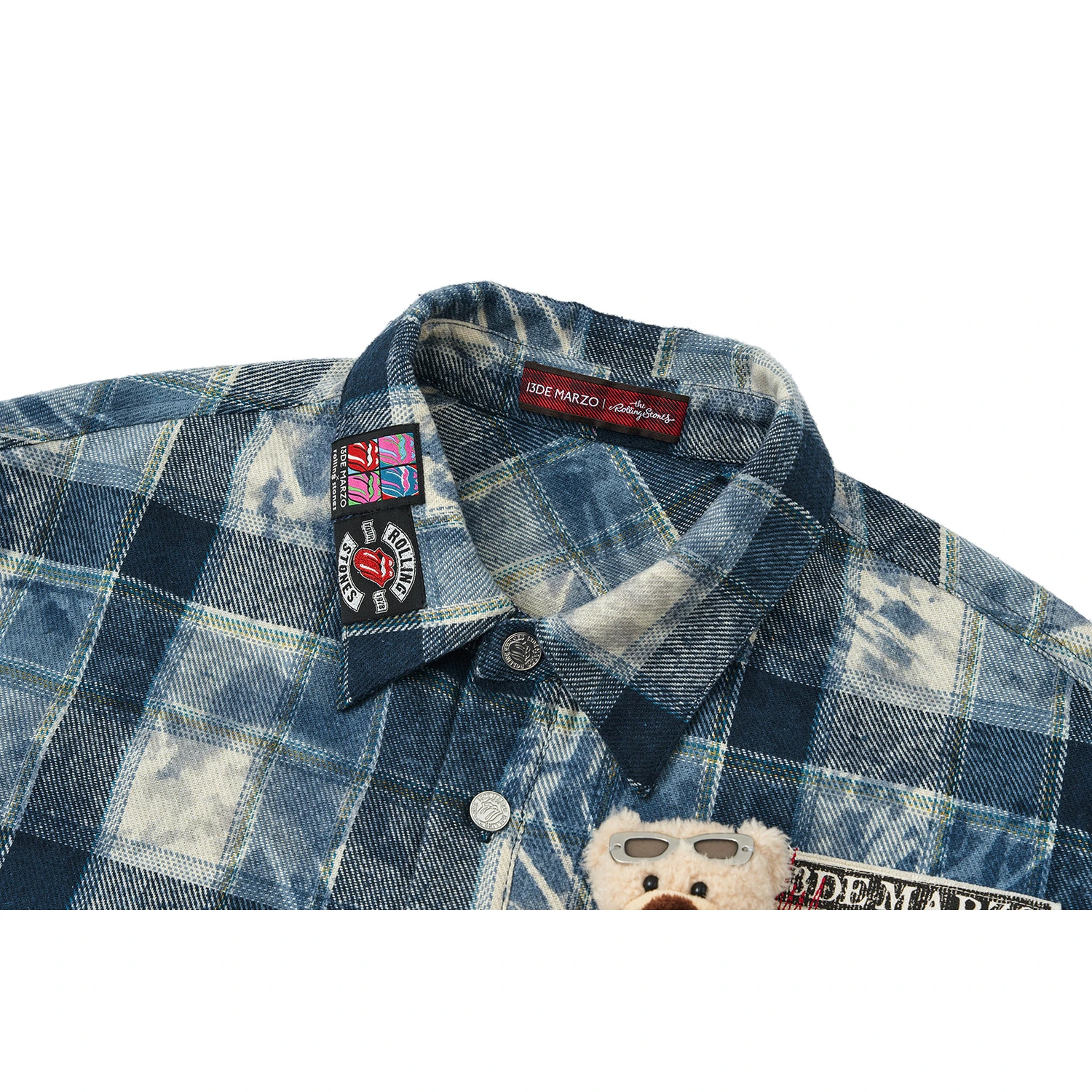 13DE MARZO Rolling Stones Distressed Appliqué Overshirt Blue - Image 7