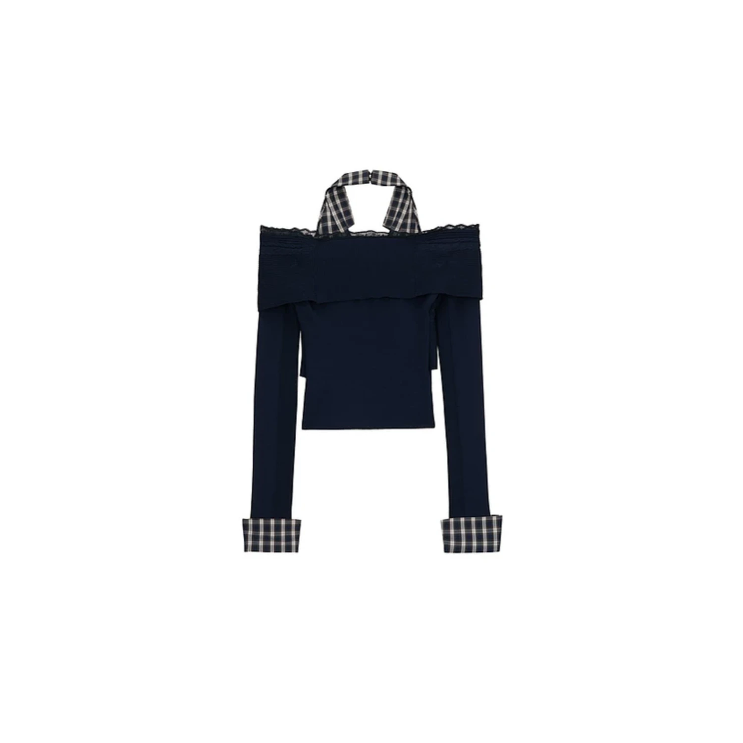 REVAN Off-Shoulder Knit Top with Detachable Checked Collar - Image 9