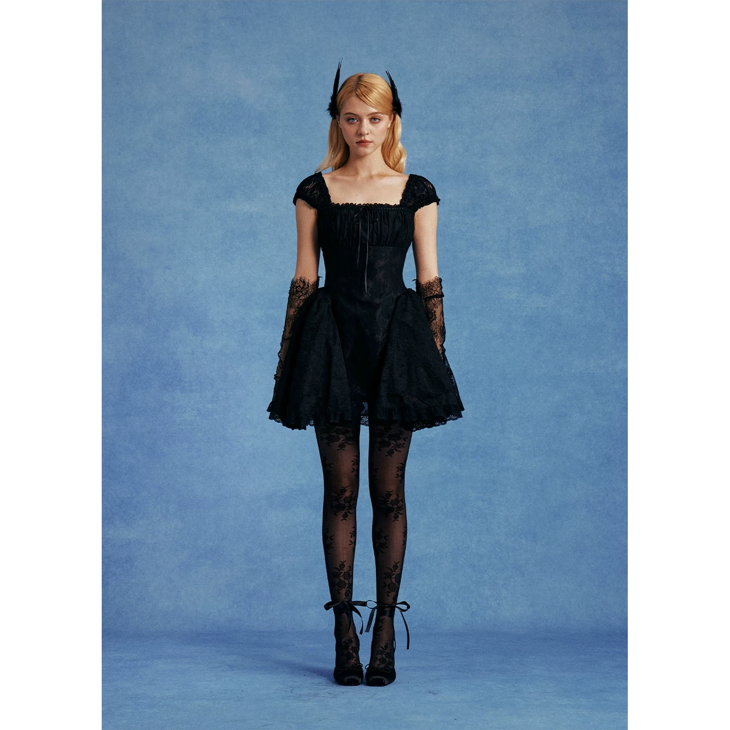 Maison Amory The Black Lace with Skin Mesh Doll-Style Mini Puff Dress Black - Image 9