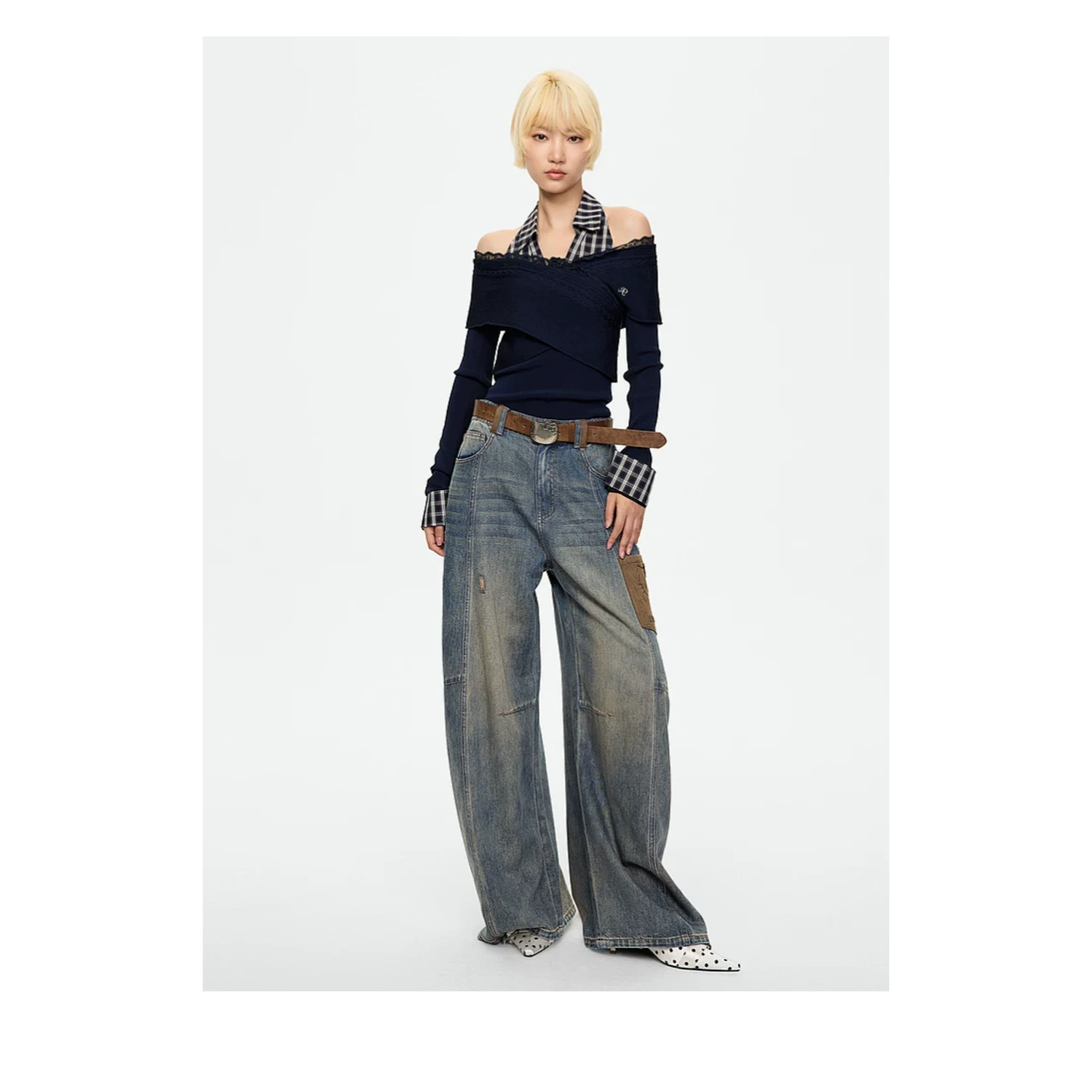 REVAN Off-Shoulder Knit Top with Detachable Checked Collar - Image 10
