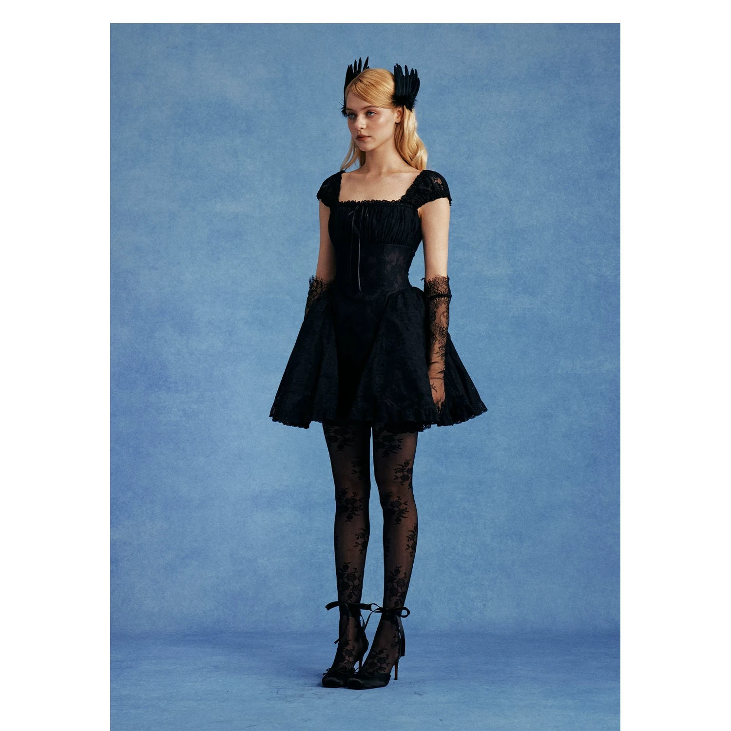 Maison Amory The Black Lace with Skin Mesh Doll-Style Mini Puff Dress Black - Image 10