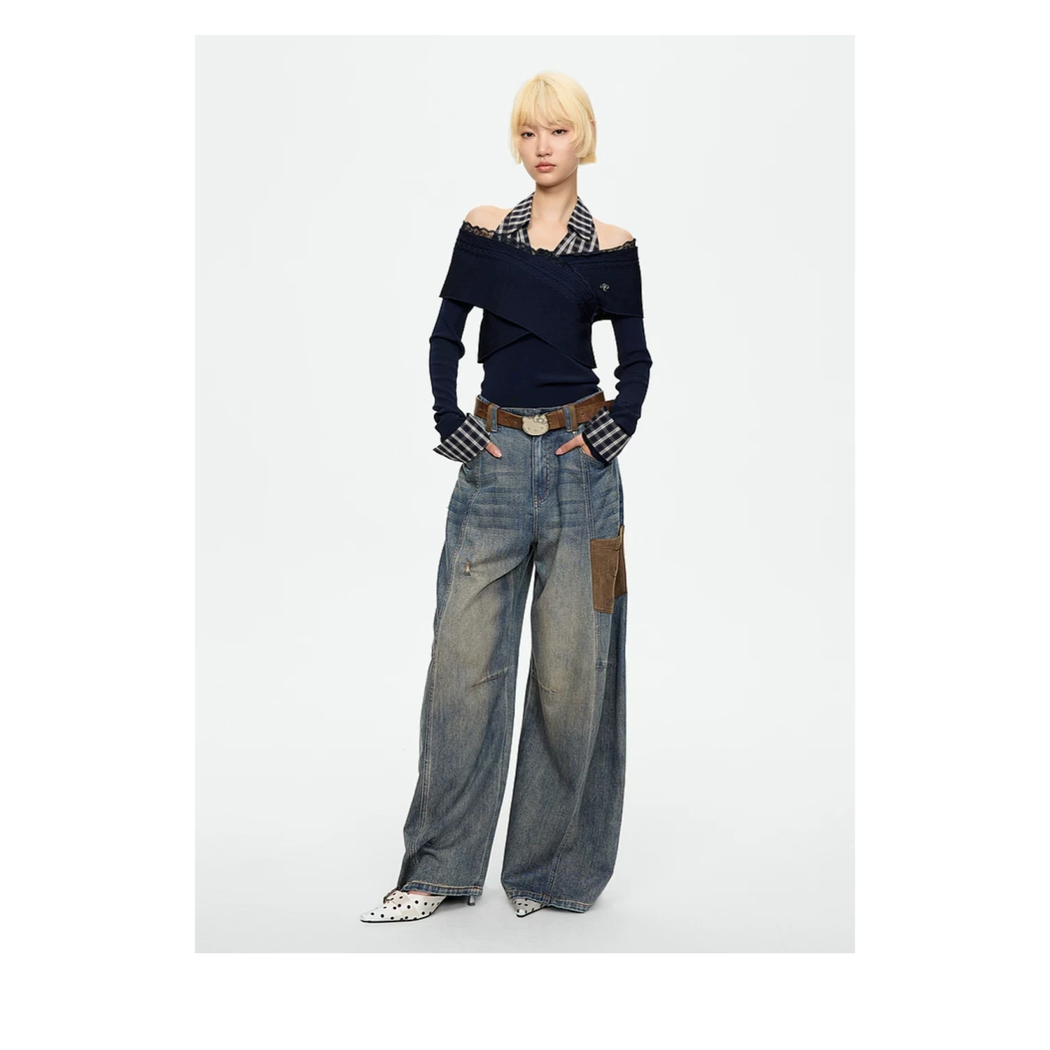 REVAN Off-Shoulder Knit Top with Detachable Checked Collar - Image 11