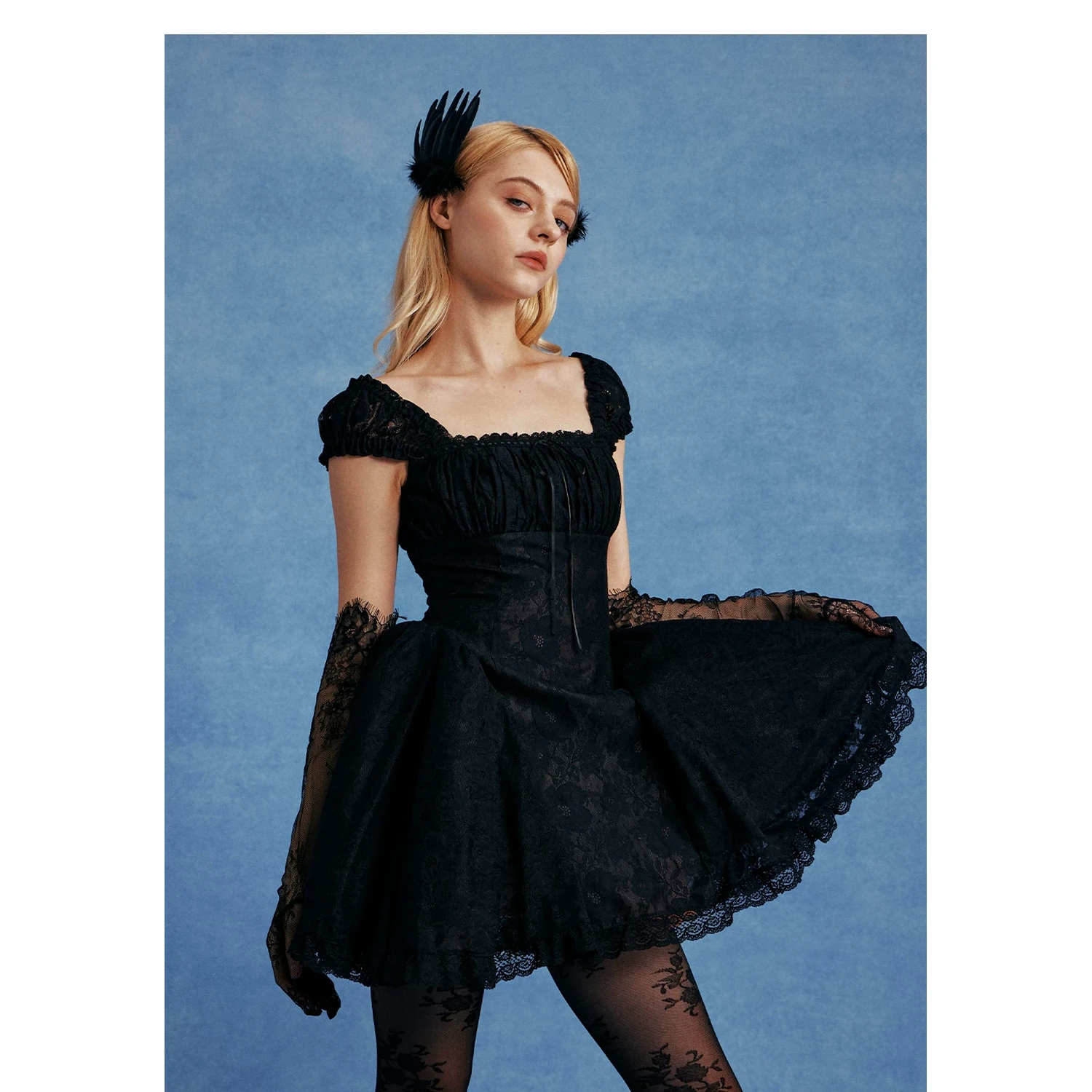 Maison Amory The Black Lace with Skin Mesh Doll-Style Mini Puff Dress Black - Image 12