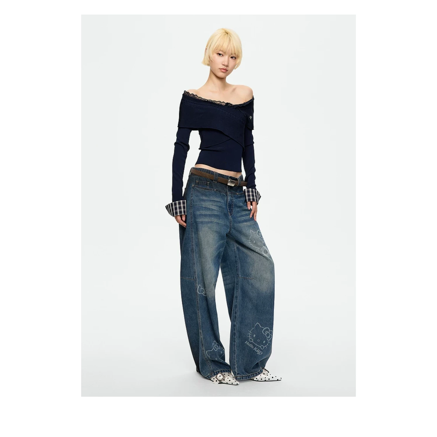 REVAN Off-Shoulder Knit Top with Detachable Checked Collar - Image 13