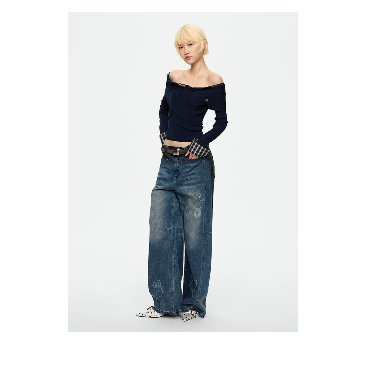 REVAN Off-Shoulder Knit Top with Detachable Checked Collar - Image 14