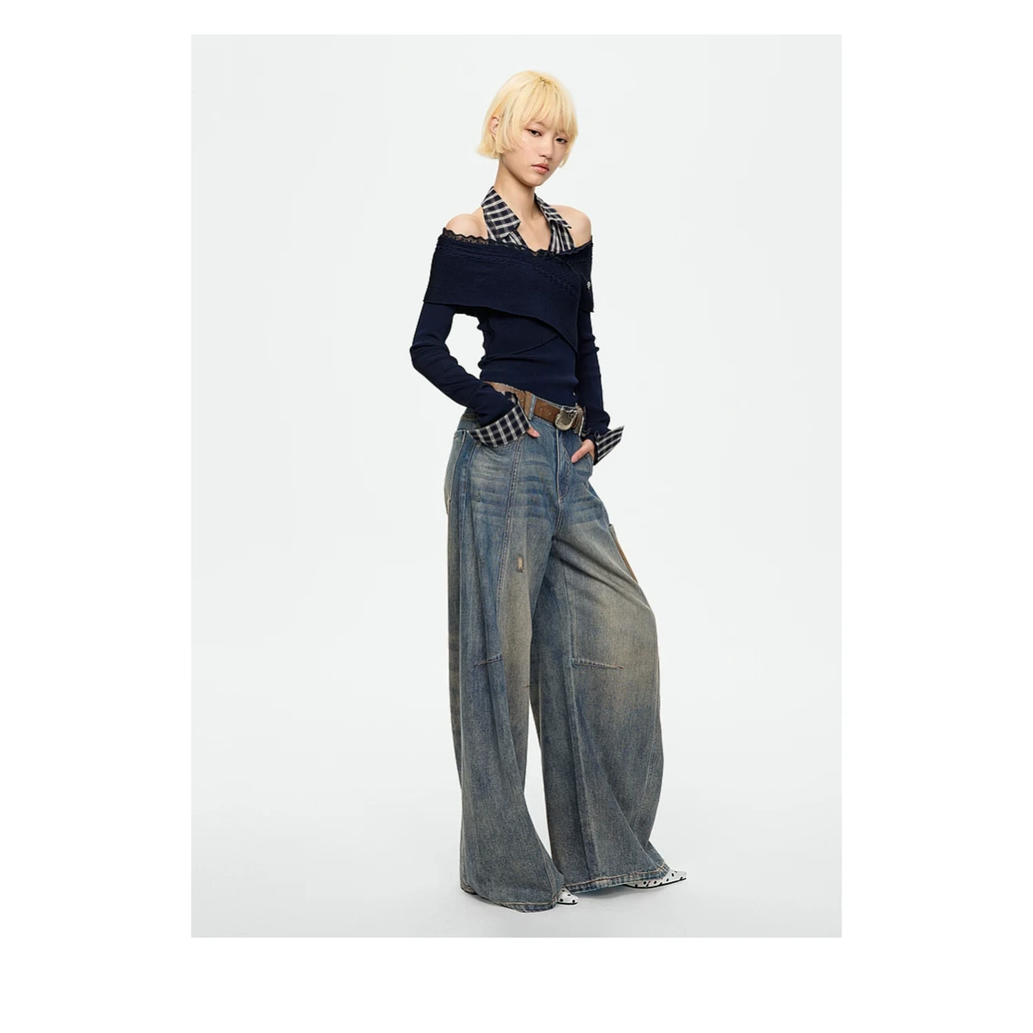 REVAN Off-Shoulder Knit Top with Detachable Checked Collar - Image 15