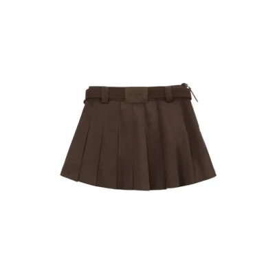 REVAN Belted Pleated Mini Skirt Brown