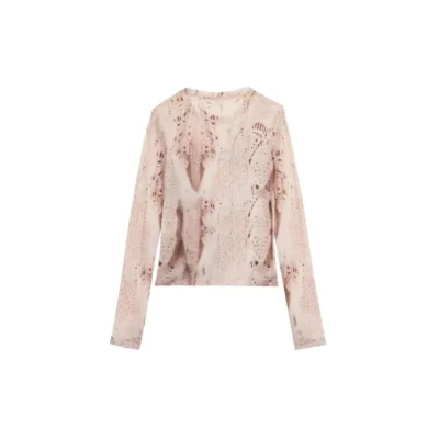 REVAN Teddy Bunny Graphic Crochet Long Sleeve Top Beige