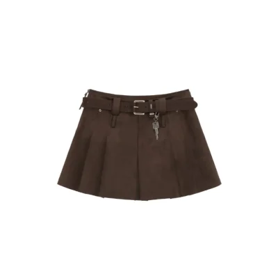 REVAN Belted Pleated Mini Skirt Brown