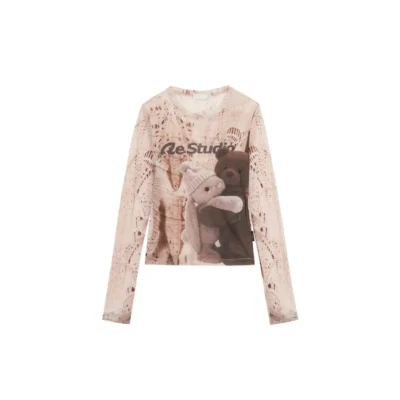 REVAN Teddy Bunny Graphic Crochet Long Sleeve Top Beige