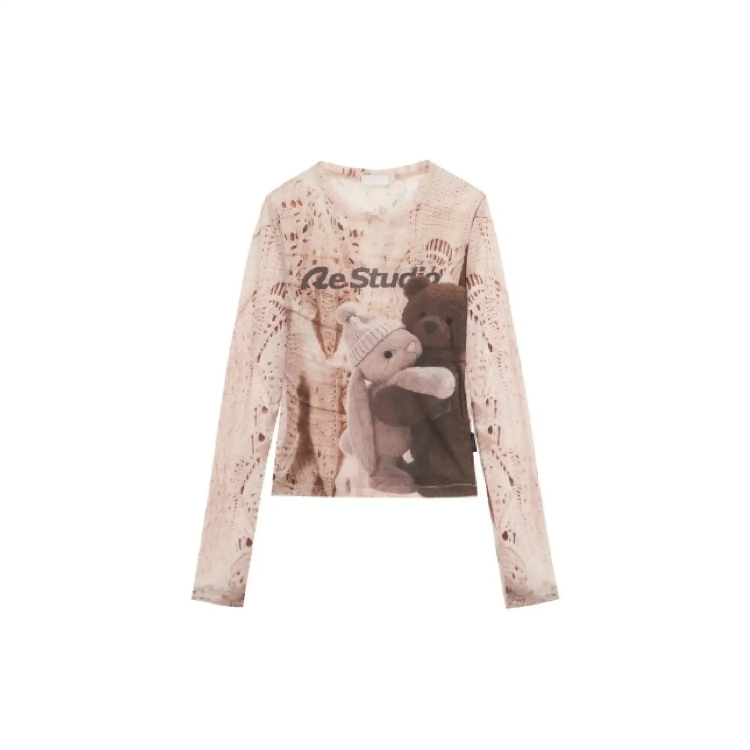 REVAN Teddy Bunny Graphic Crochet Long Sleeve Top Beige