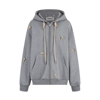 13DE MARZO All-Over Flocked Bear Zipper Hoodie Grey
