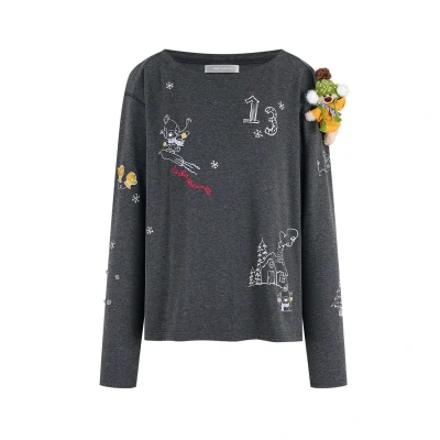 13DE MARZO Graffiti Snow Bear Off Shoulder T-shirt Dark Grey