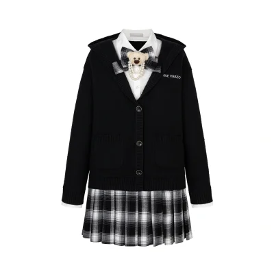 13DE MARZO Mock Three Piece Knit Pleated School Dress Black