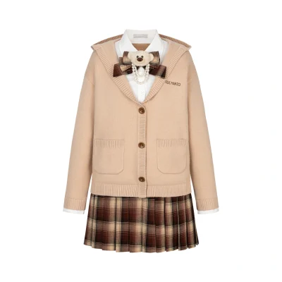13DE MARZO Mock Three Piece Knit Pleated School Dress Khaki